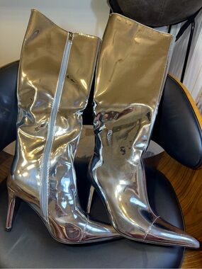 ARQA Shop Women’s Metallic Knee High Boots Silver Pointed Toe Stiletto High Heel